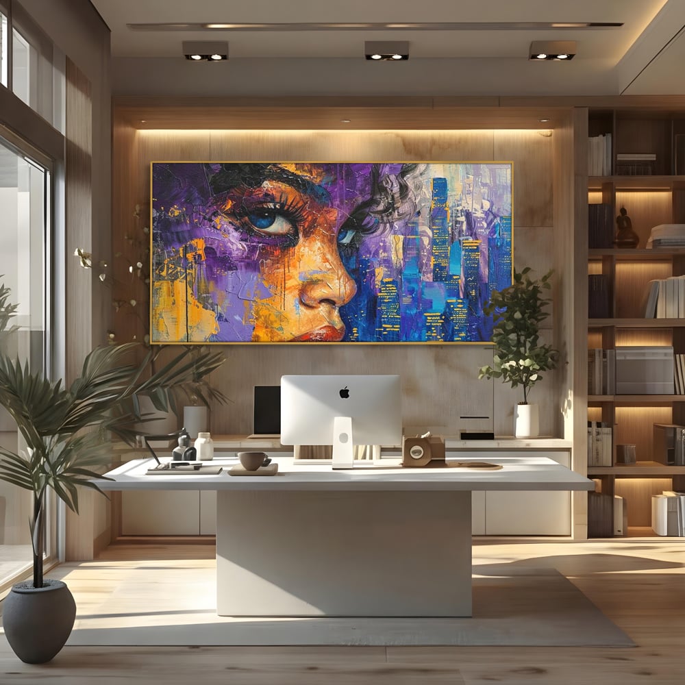 Tablou canvas cu pictura digitala cu profil de femeie, in rama de aluminiu auriu, pe perete intr-un birou